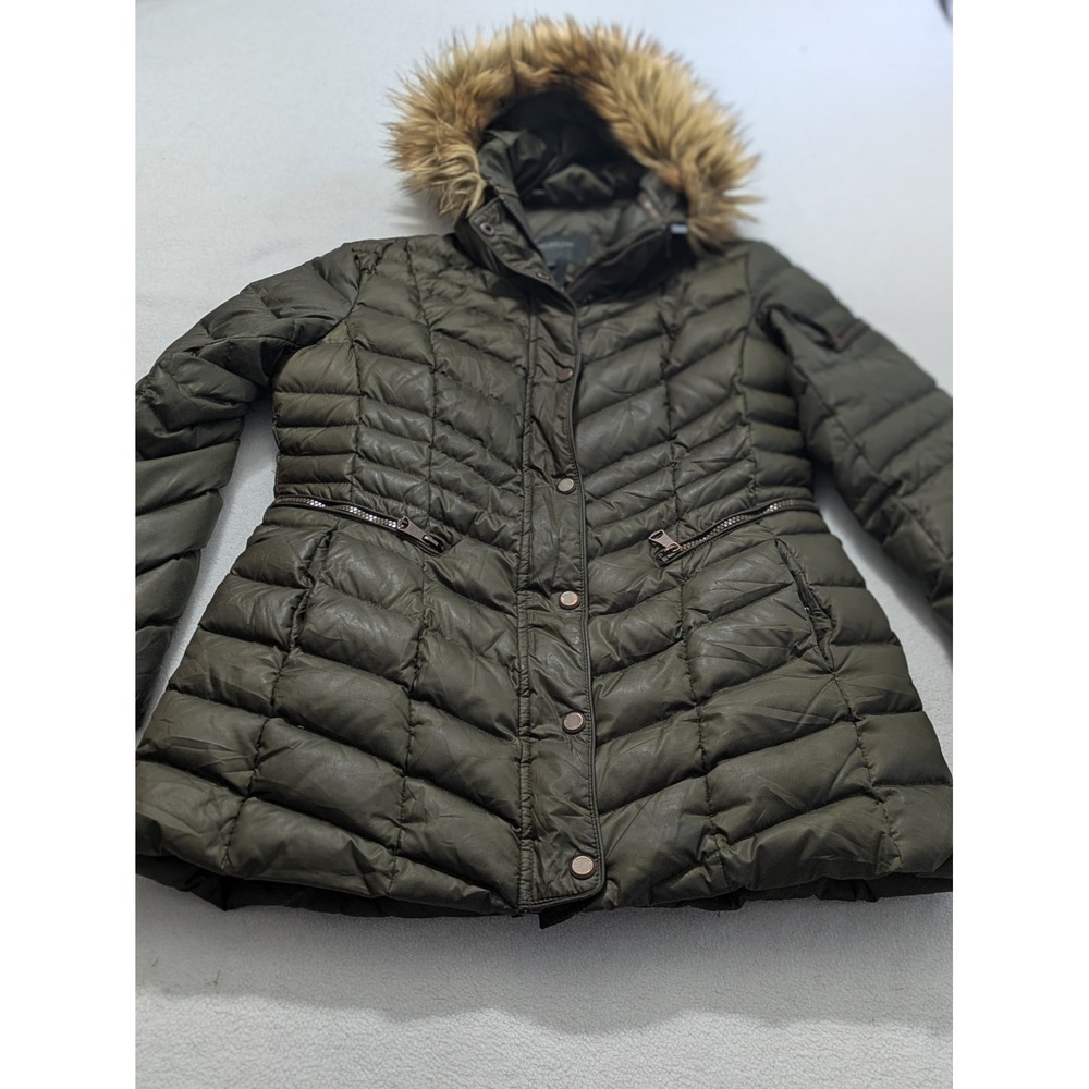 Andrew Marc Olive Renee Down Jacket Faux Fur Trim Women's Sz Small Green